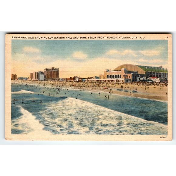 Vintage Atlantic City NJ Convention Hall & Beach Postcard 1942 Ocean Beach Town - Picture 1 of 2
